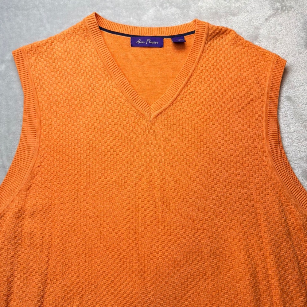 Alan Flusser Orange V-Neck Sweater Vest XL Cotton Basketweave Preppy Halloween